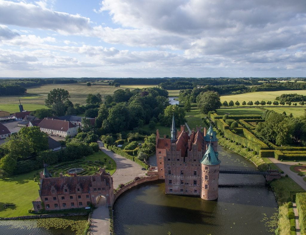 The aerial view of Egeskov Castle.
