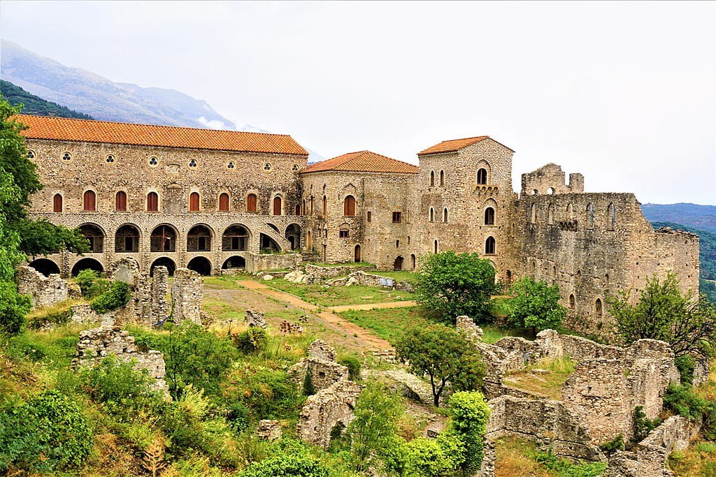 The stunning view of Mystras Castle and its castle grounds from afar.