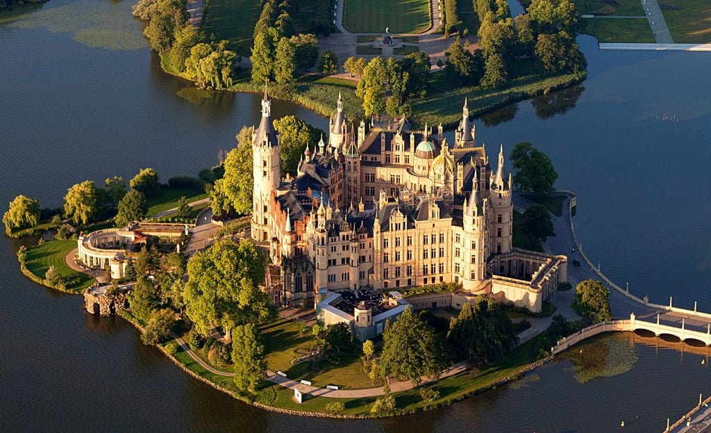 The marvelously beautiful Schwerin castle  standing in the middle of the lake.