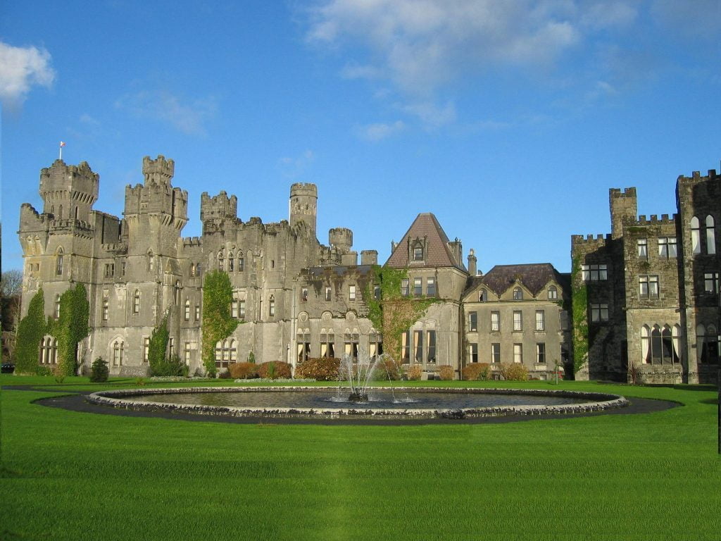 The view of Ashford Castle in front of the castle's fountain.