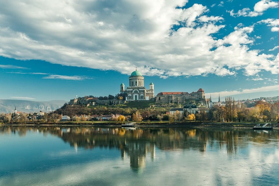 The stunning view of Esztergom Castle in front of the lake.