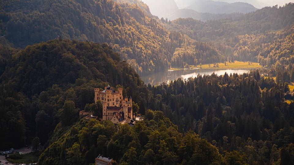 Hohenschwangau Castle's aerial view  surrounded by trees.