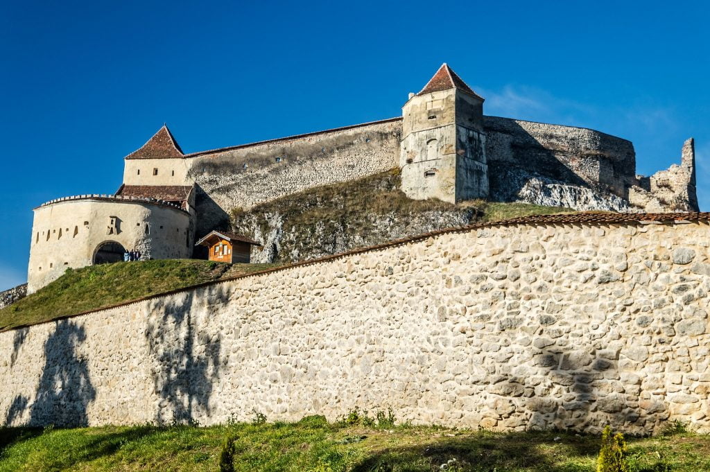 The view of the high walls of Rasnov Fortress.