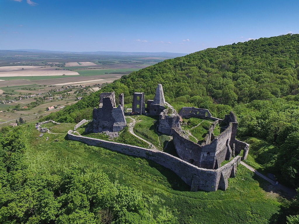 The aerial view of the ruins of Somlo Castle.