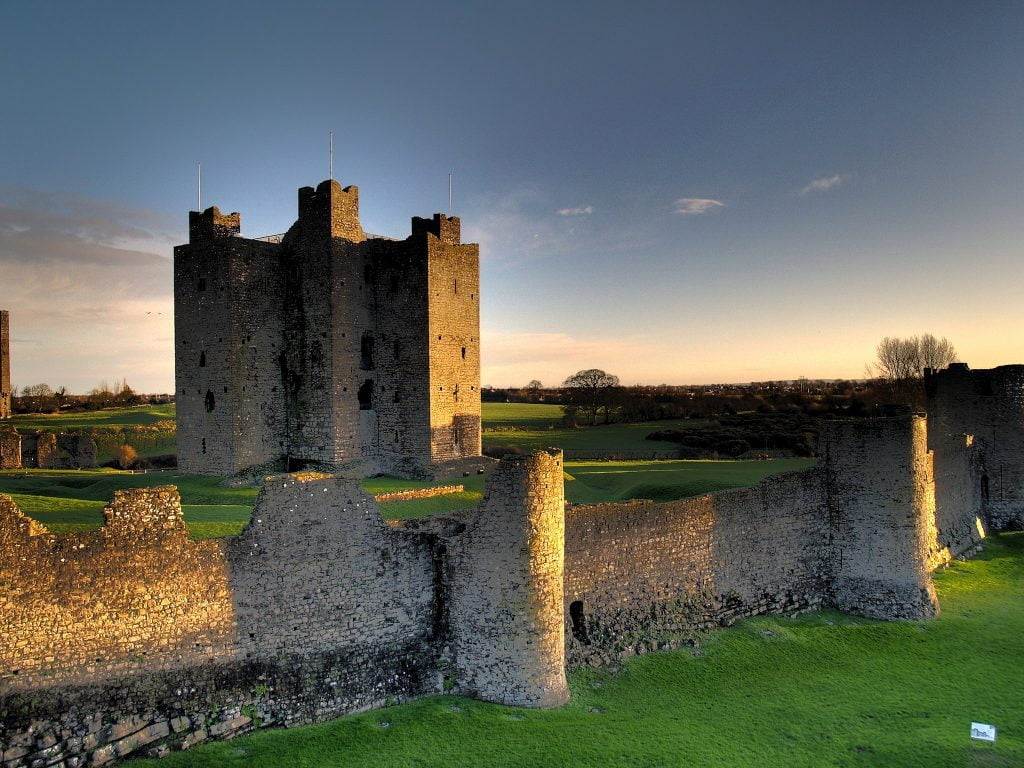 The stunning view of Trim Castle's ruins  reflecting the sunlight.