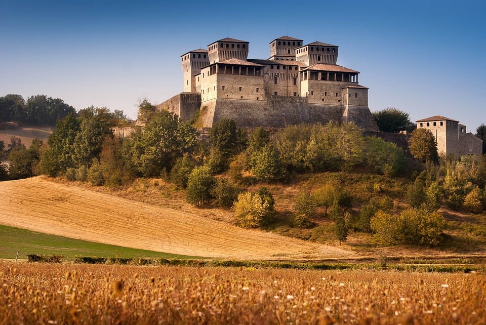 Brown Castle across the surrounding fields.