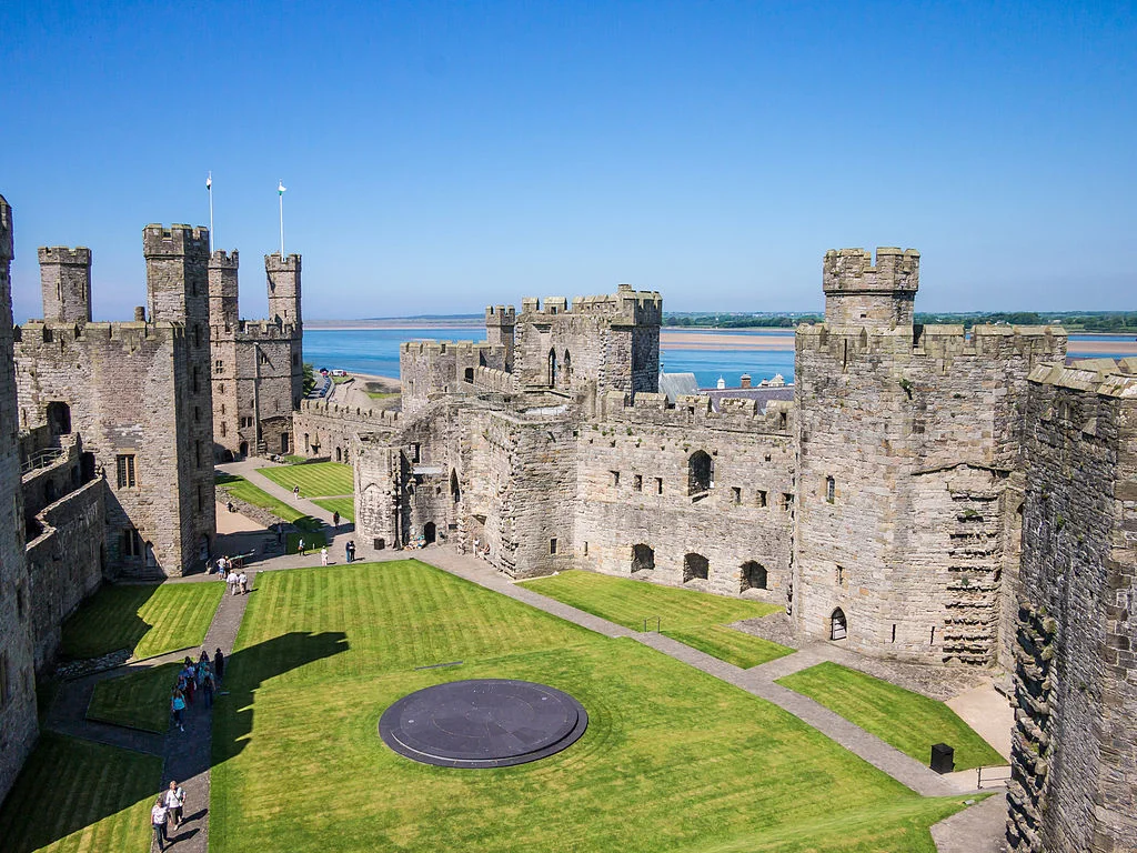 Across the courtyard of Caernarfon Castle and out to sea.