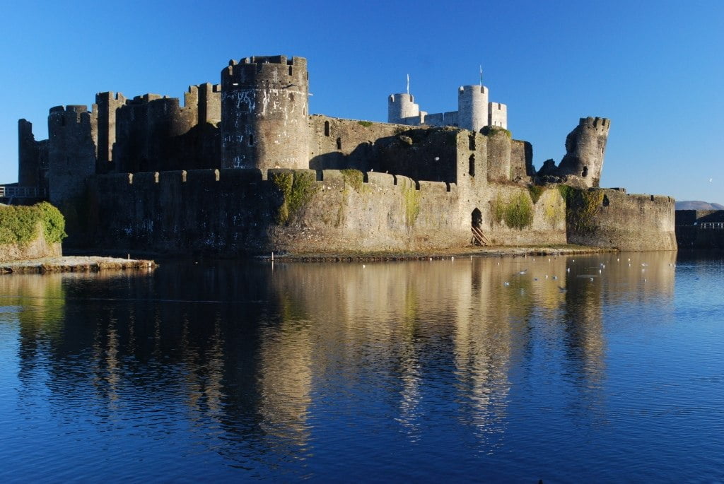 Caerphilly Castle from across the lake.