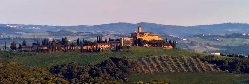 A panoramic view of Castello Banfi & its surrounding vineyards.