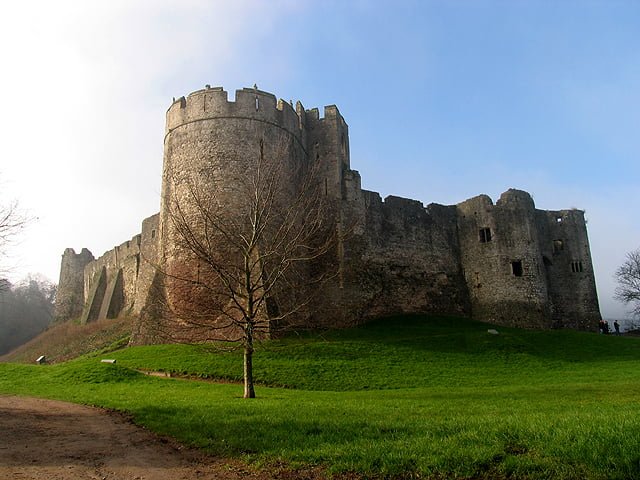 Chepstow Castle in winter sunlight.