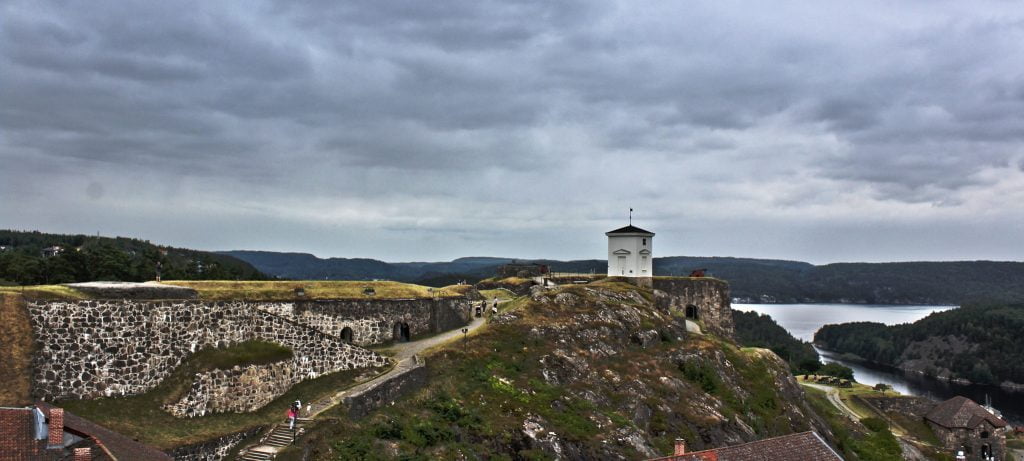 Frediskstan Fortress overlooking fjord and mountains.