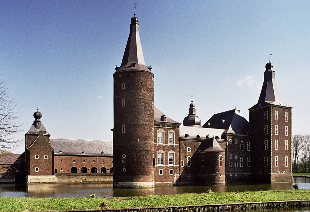 Hoesnbroek Castle’s tall turrets take the focus of this view.