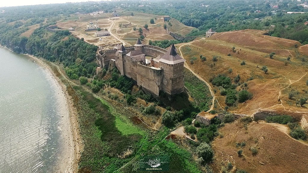 Khotyn Fortress aerial view and its surroundings.