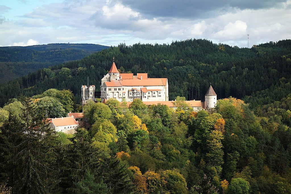 Pernštejn Castle basked in sunlight.