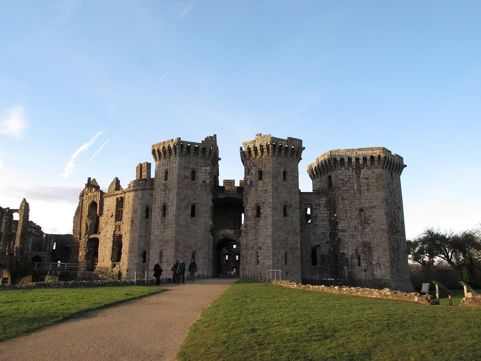 The grand entrance facade of Raglan Castle.