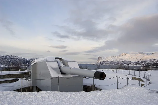 A white (militant) winter at Trondenes Fort.