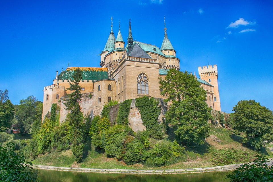 Worm's eye view of Bojnice Castle.