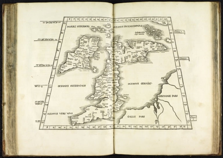 Historic map reproduced in 1525 drawn by Cladius Ptolomy in Ancient Roman times displaying bits of Ireland.