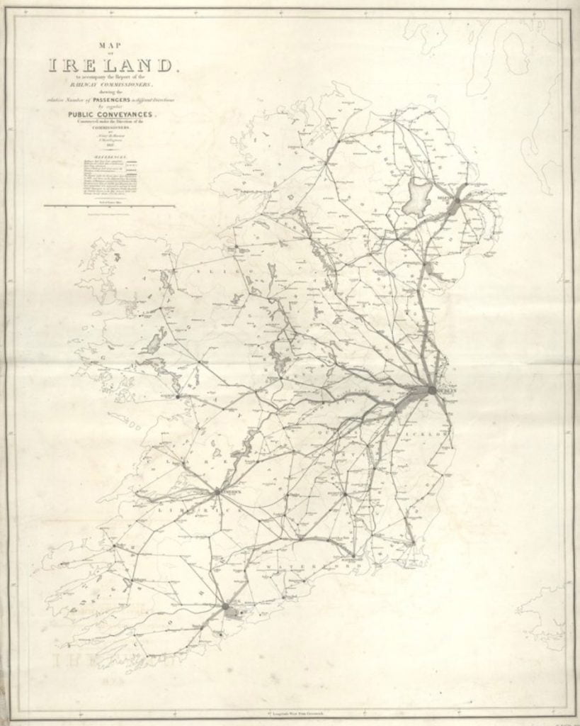 an old map of irish railway system published in 1838 from an atlas.