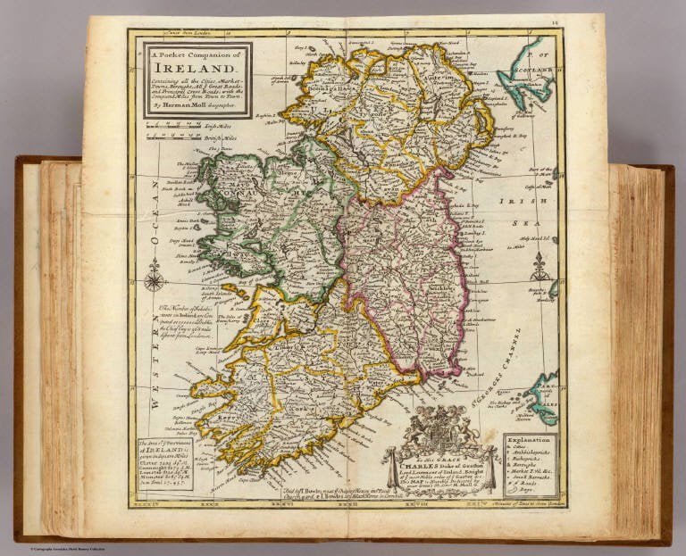 The old map of Ireland in full published in mini atlas, pocket companion back in year 1736.