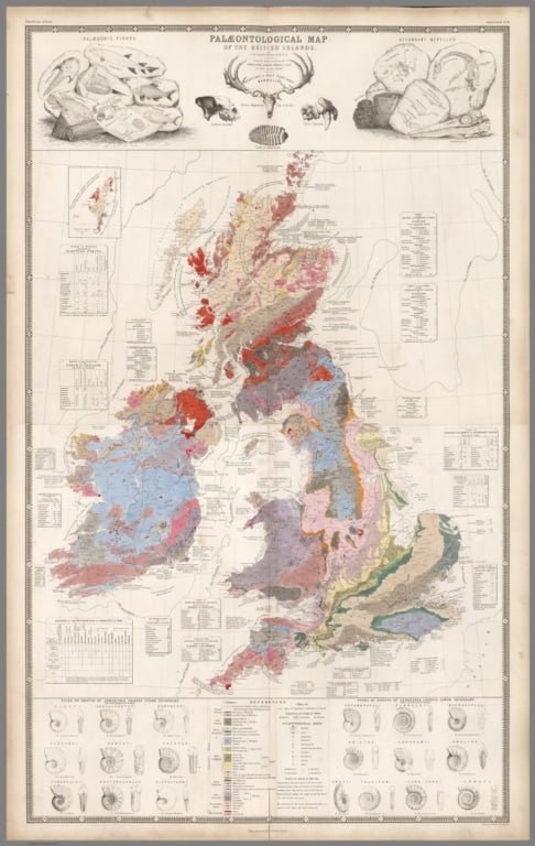 Historic Paleontological Map of the British Islands including Ireland. Published in 1850