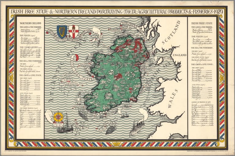 Old map of Ireland showing agricultural products and fisheries of both Irish countries. Map published in 1929