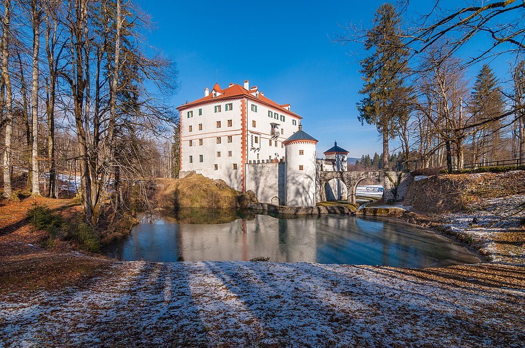 Sneznik castle view from across the river.