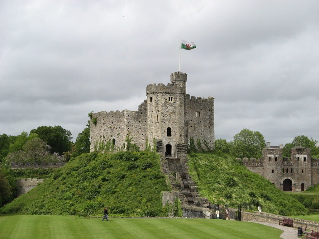 Cardiff Castle at the top of the hill.