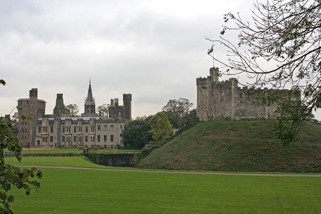 Cardiff Castle’s Neo-Gothic manor house to the left & Medievel keep to the right.