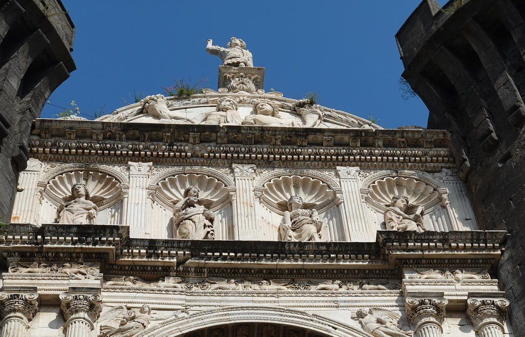 Closer look of Castel Nuovo architectural detail structure.