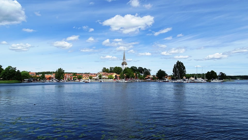 A panoramic display of Lake Malaren and Gripsholm Castle.