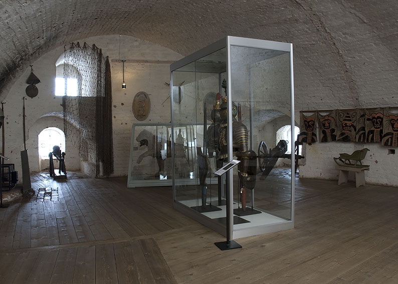 The interior of Gripsholm Castle showing the castle armory.