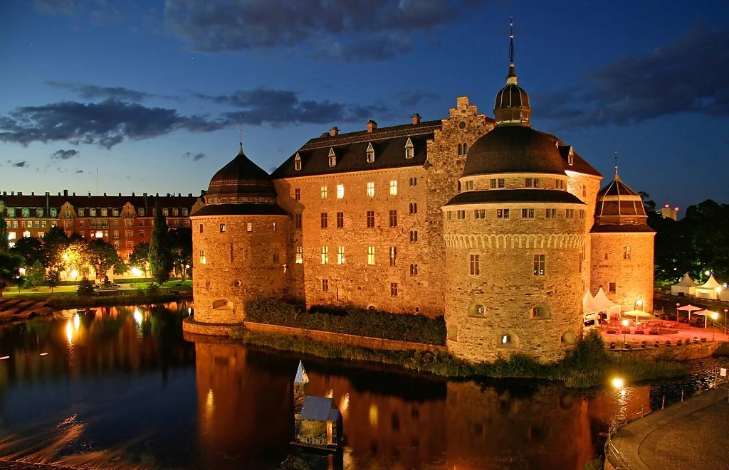 The beautiful view of Orebro Castle at night,