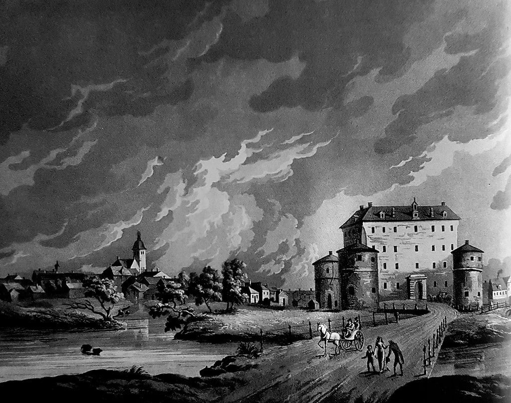 An illustration of Orebro Castle surrounded by water by Johan Fredrik Martin on 1780.
