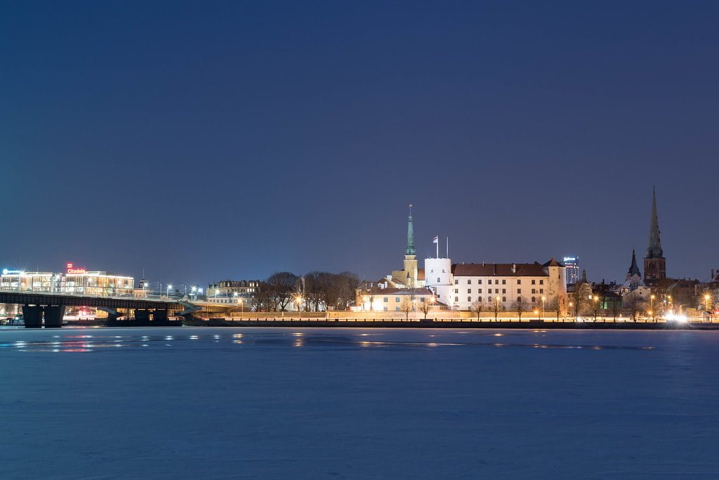 Riga Castle at night.