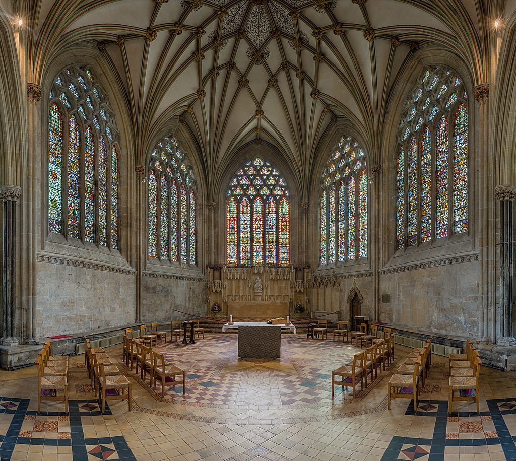 Pointed arched windows replete with tracery and stained glass installations.