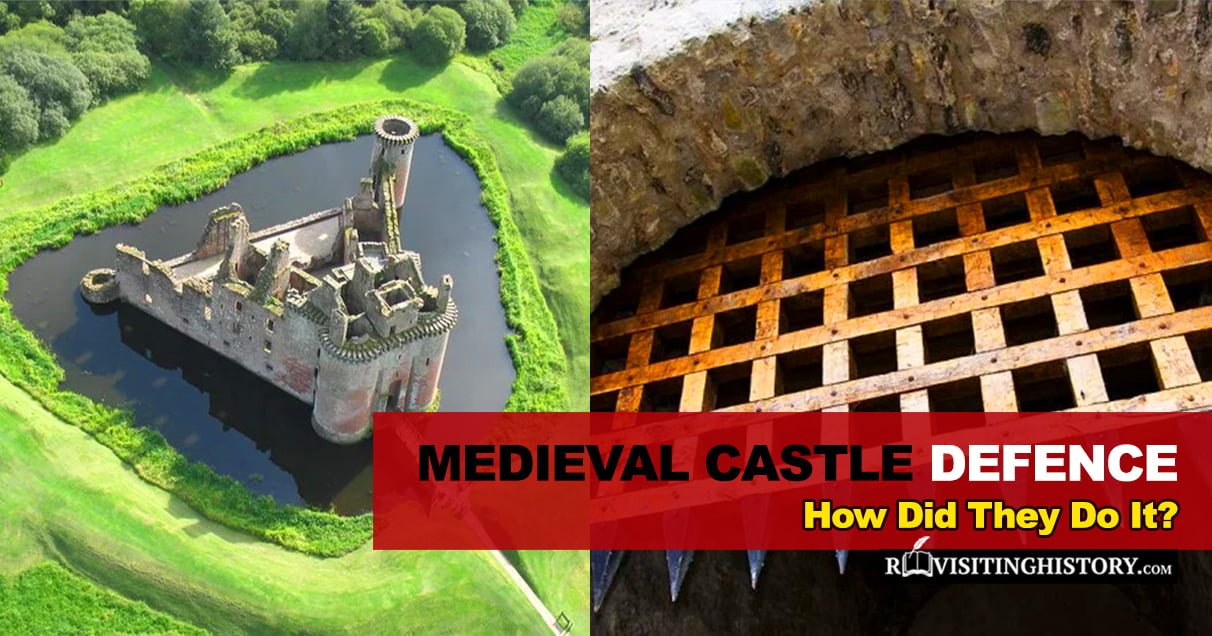 featured image with drone shot of a castle and castle gates representing the topic of the article about castle defences
