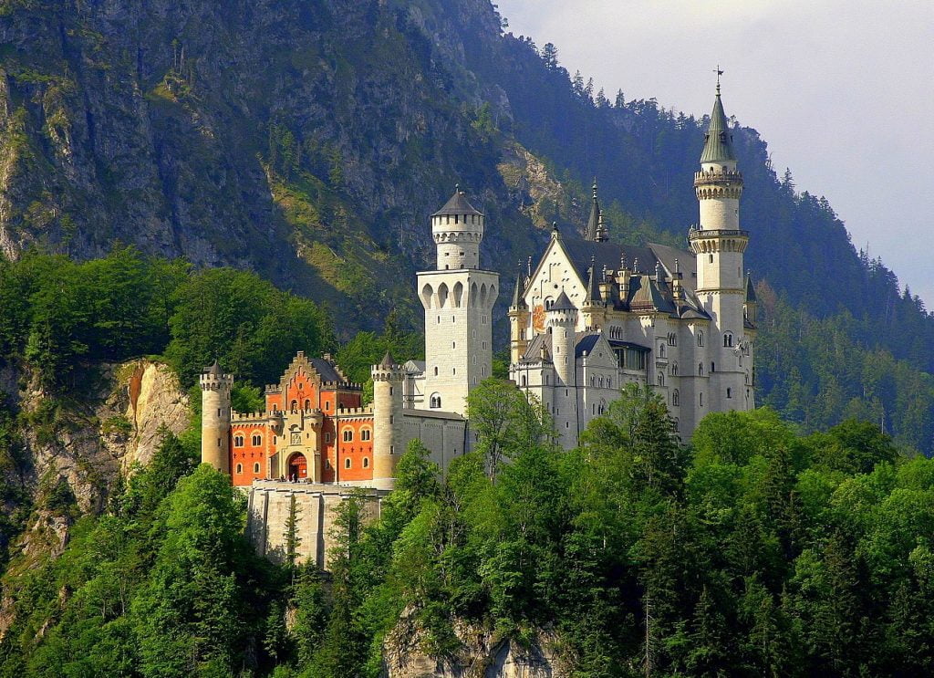 Neuschwanstein Castle against a fabulous mountain backdrop.