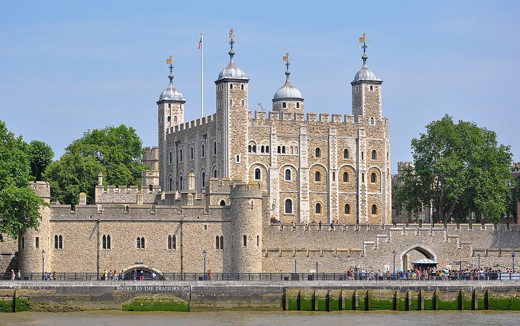 The Tower of London from across the River Thames (you can see a later Gothic remodel above the Traitor’s Gate, bottom left).