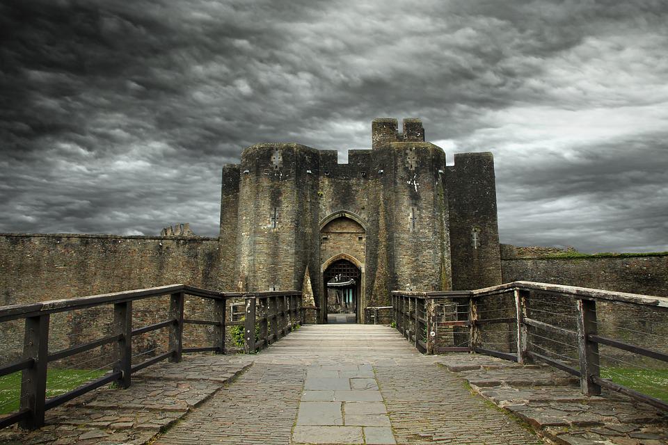 The entrance to Caerphilly castle.
