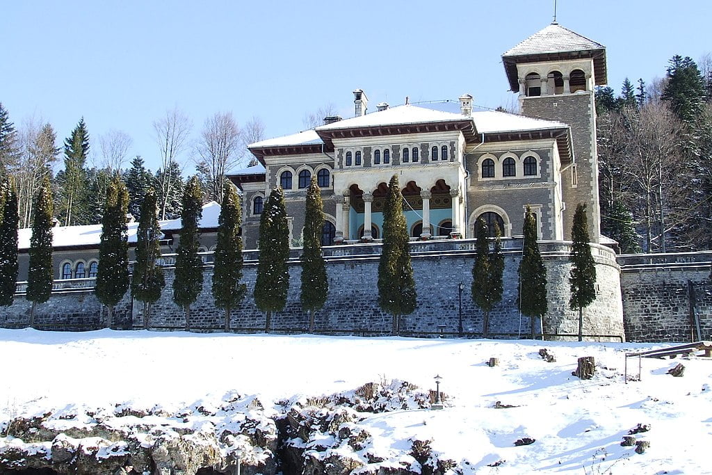 The decorative entrance of Cantacuzino Castle in Romania.
