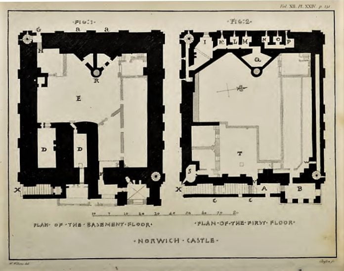 Norwich Castle keep plans from pre-1793.