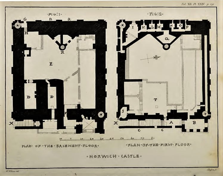 Norwich Castle keep plans from pre-1793.