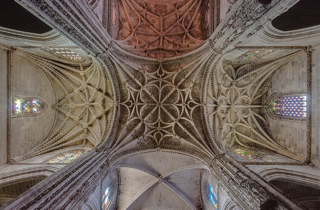 A closeup of the elaborate ribbed vaulting that was used during the High Gothic era.