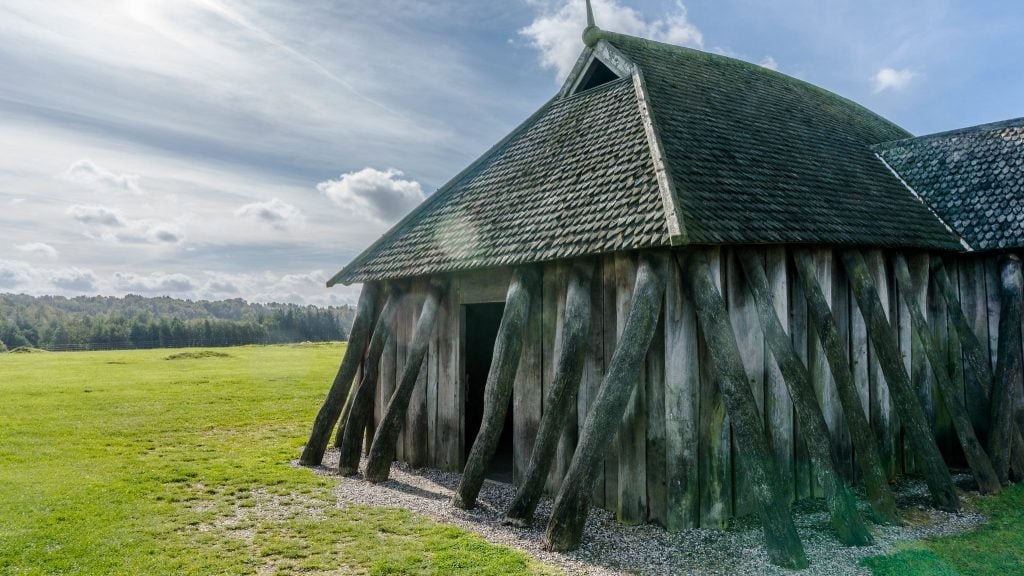 Reconstruction of Viking Longhouse in Central Jutland, Denmark.