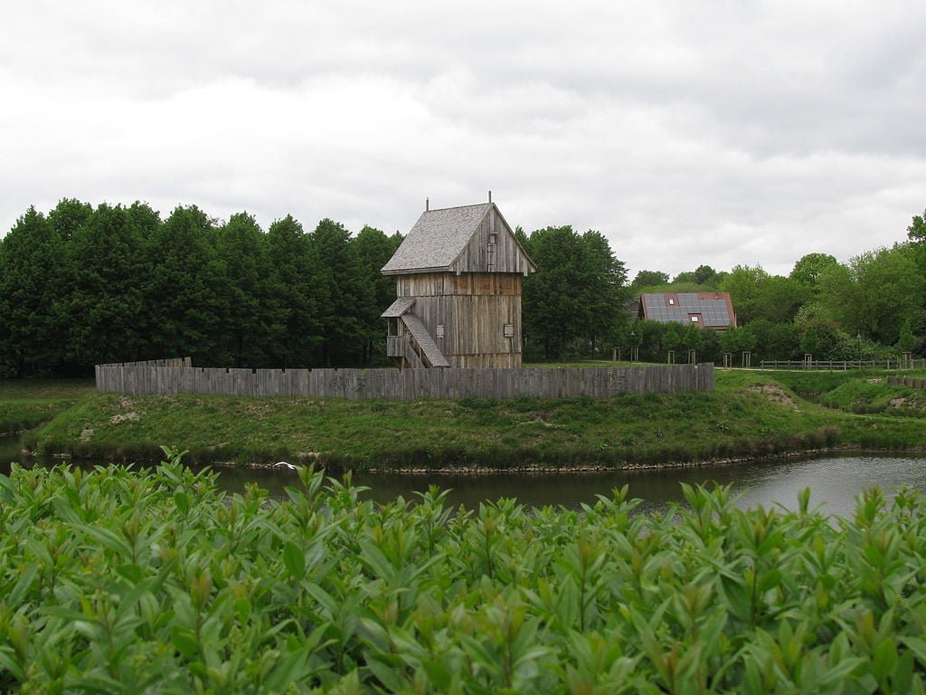 A reconstruction of a wooden motte-and-bailey.
