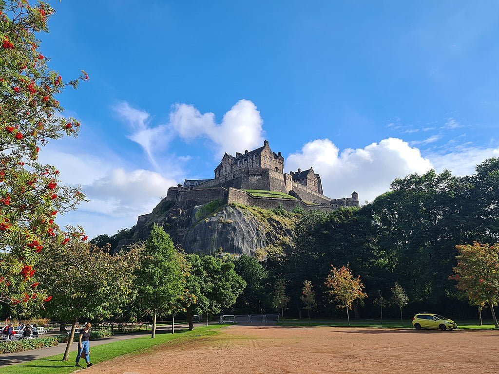 Edinburgh Castle atop its perch in the center of Edinburgh, Scotland.