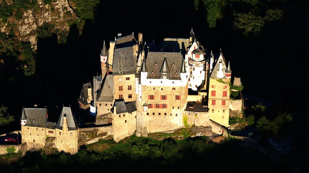 A majestic aerial view of Eltz Castle.