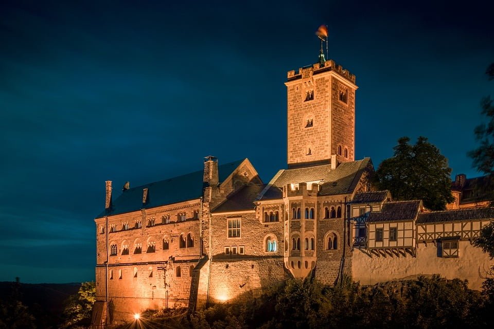 The beautiful night view of Wartburg Castle. 