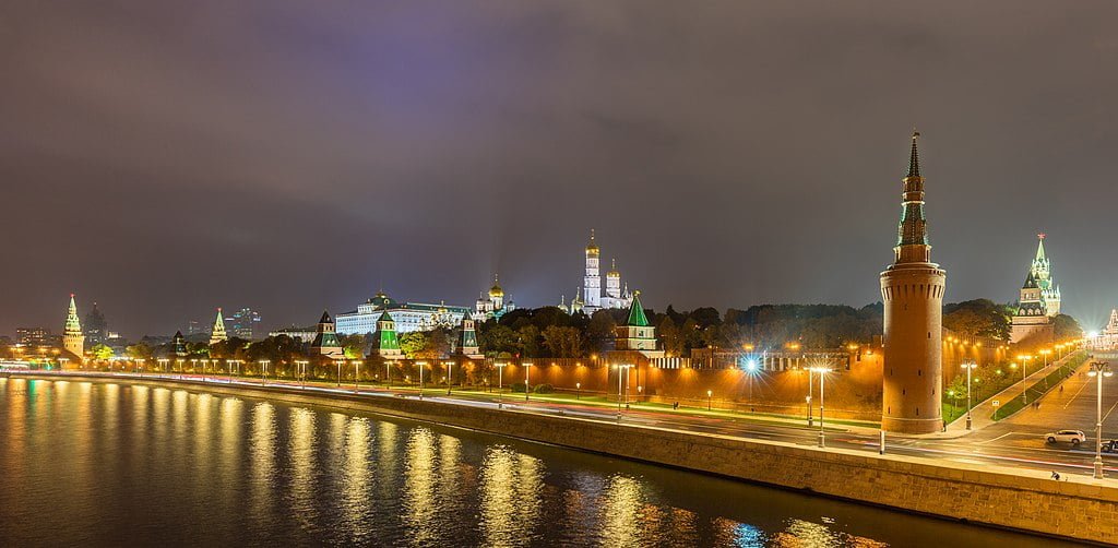 The Moscow Kremlin lit against the night. 